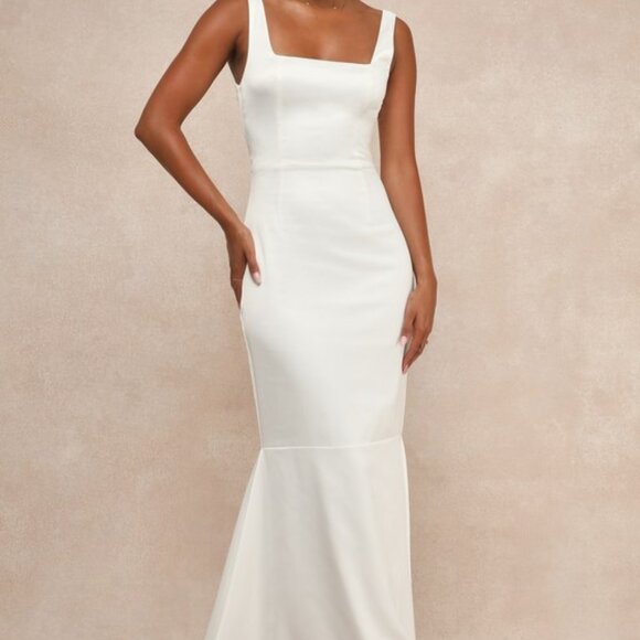 Lulus Luxe Loveliness White Satin Backless Mermaid Maxi Dress - Size S - Picture 1 of 5